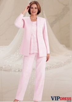 Elegant Pink Three-Piece Lace Satin Mother of the Bride Pantsuit with Jacket