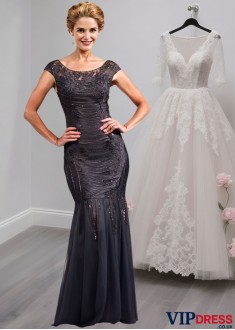 Tulle Mermaid Mother of the Bride Dresses – Trumpet Gown with Cap Sleeves