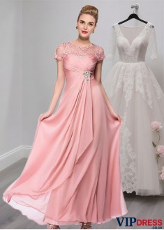 Elegant Pink Silk-Like Chiffon Illusion Sleeve Mother of the Bride Dress