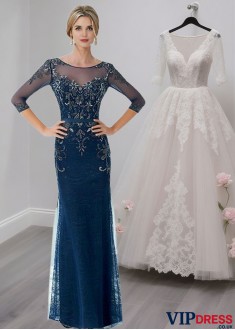 Blue Tulle Satin Mother of the Bride Dress – Scoop Neck Evening Gown Sheath