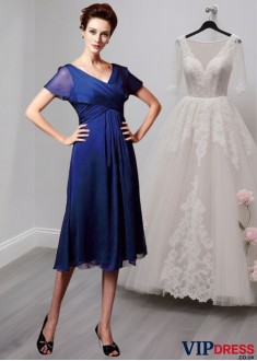 Royal Blue Chiffon Mother of the Bride Dress With Short Sleeves