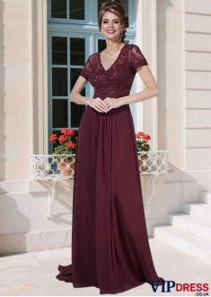V-Neck Mother of the Bride Dresses – A Line Gowns with Short Sleeves