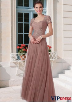 Elegant Net Mother of the Bride Dress – Sweetheart A-Line Gown with T-Shirt Sleeves, Full Length