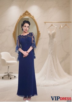 Ankle Length Tulle Chiffon Mother of the Bride Dress with Bateau Neck and Short Sleeves