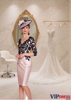  V-Neck Knee-Length Mother of the Bride Tulle Satin Outfit - Sheath Column Dress