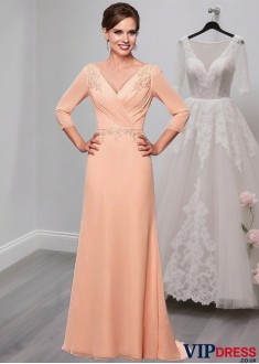 Prom Chiffon V Neck A Line Mother of the Bride Dress with Long Sleeves