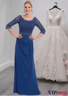 Blue Lace Chiffon A Line Mother of the Bride Dress with Illusion Sleeves