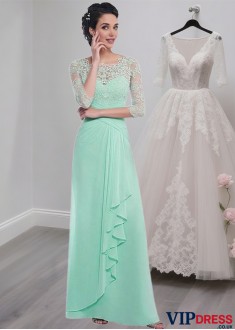 Full-Length Tulle Chiffon A-Line Dress with Scoop Neck and Sleeves