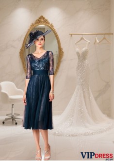 Tea-Length Tulle Lace V-Neck Illusion Sleeve Mother of the Bride Dress - Wedding Guest Gown