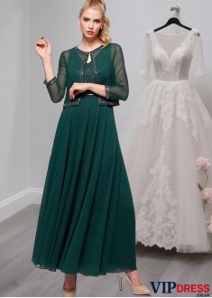 Elegant Green Chiffon Mother of the Bride Dress with Jacket – A-Line V-Neck Ankle-Length Gown