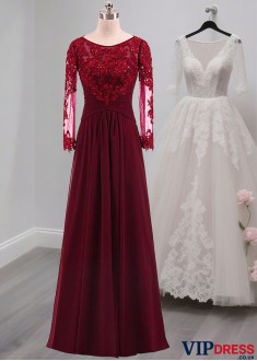Red Tulle A-Line Evening Dresses with Scoop Neck and Illusion Sleeves