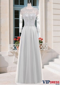 Jewel Neck Illusion Sleeve Mother of the Bride Dress
