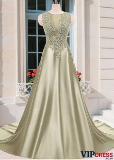Elegant Tulle & Satin Scoop Neck A-Line Mother of the Bride Dress – Full Length Gown