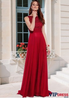 Elegant Red Chiffon Bateau Neck A-Line Mother of the Bride Dress – Full Length