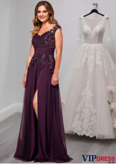 Purple V-Neck Chiffon Mother of the Bride Dress – Evening Gown with Cap Sleeves