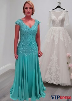 Blue V-Neck Mother of the Bride Dress with Cap Sleeves – Long Formal Gowns