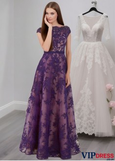 Purple Lace Tulle A-Line Mother of the Bride Dress with Bateau Neckline