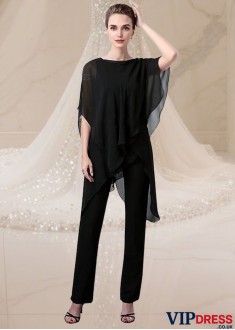 Elegant Black Chiffon Bateau Neck Mother of the Bride Pantsuit