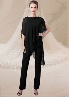 Elegant Black Chiffon Bateau Neck Mother of the Bride Pantsuit