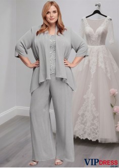 Silver Lace Chiffon Mother of the Bride Pantsuit with Coat Jacket Sleeves