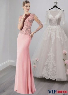 Lace Chiffon Bateau Neck Full Length Mother of the Bride Dress with Sleeves