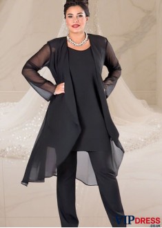Elegant Black Three-Piece Chiffon Mother of the Bride Pantsuit with Jacket