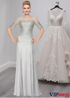 Elegant Silver Short Sleeves Chiffon Mother of the Bride Evening Dresses