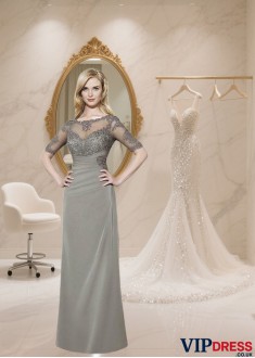Full Length Chiffon Mother of the Bride Dress with Illusion Sleeves and Bateau Neckline