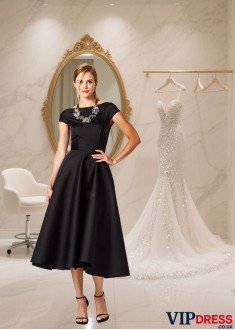 Elegant Black Satin A-Line Tea-Length Formal Dress with Bateau Neckline