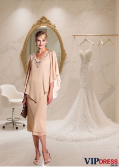 V-Neck Chiffon Tea-Length Mother of the Bride Dress — Sheath Formal Dress