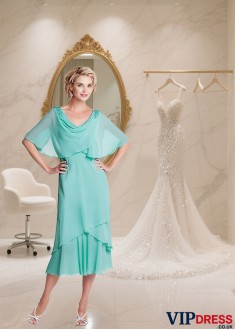 Tea-Length Chiffon Cowl Neck Mother of the Bride Dress