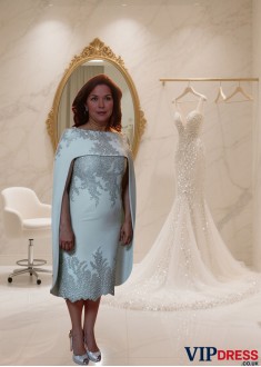 White Satin Bateau Neck Tea-Length Mother of the Bride Dress with Cap Sleeves