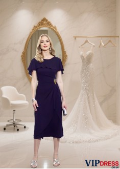 Elegant Bateau Neck Tea-Length Chiffon Mother of the Bride Dress with Cap Sleeves