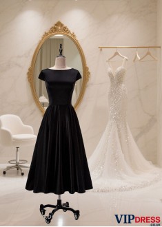 Elegant Black Satin Tea-Length A-Line Dress with Bateau Neckline and Cap Sleeves