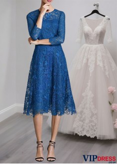 Blue Lace Tea-Length A-Line Mother of the Bride Dress with Illusion Sleeves