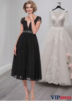 Elegant Black Lace A-Line Tea-Length Dress with Cap Sleeves
