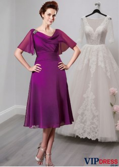 Chiffon Tea-Length A-Line Mother of the Bride Dress with Cowl Neckline