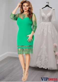 Green Tea-Length Tulle Chiffon Sheath Mother of the Bride Dress with Illusion Sleeves