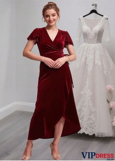 Velvet V-Neck Tea-Length Sheath Mother of the Bride Dress – Elegant Occasion Wear