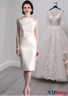 Short Satin Mother of the Bride Dresses with Jewel Neckline