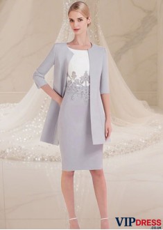 Knee Length Mother of the Bride Satin Outfit with Matching Coat