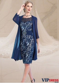 Elegant Blue Lace Chiffon Mother of the Bride Dress with Jacket – Knee Length
