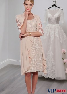 Scoop Neck Lace Chiffon Knee-Length Mother of the Bride Dress with Jacket