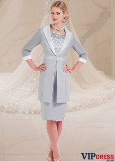 Elegant Silver Satin Knee-Length Mother of the Bride Jacket Dress