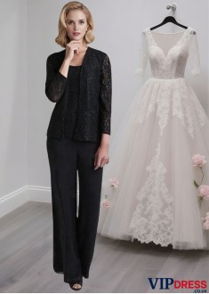 Black Lace Chiffon Mother of the Bride Pantsuit with Scoop Neck and Jacket