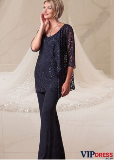 Elegant Lace Chiffon Scoop Neck Mother of the Bride Pantsuit