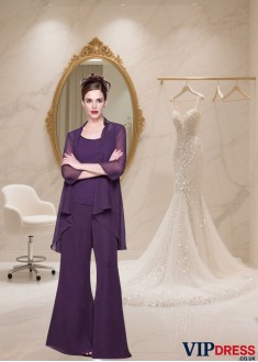 Chiffon Scoop Neck Full-Length Mother of the Bride Pantsuit with Jacket