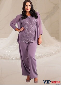 Elegant Three-Piece Chiffon Lace Mother of the Bride Pantsuit with Jacket