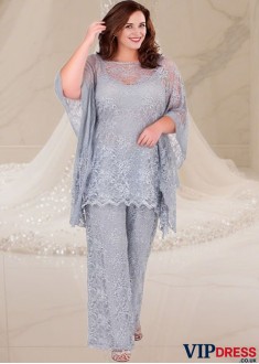 Lace Mother of the Bride Pantsuit with Illusion Sleeves – Full Length Elegance