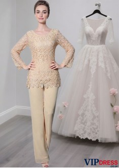 Jewel Neck Lace Chiffon Mother of the Bride Pantsuits with Long Sleeves